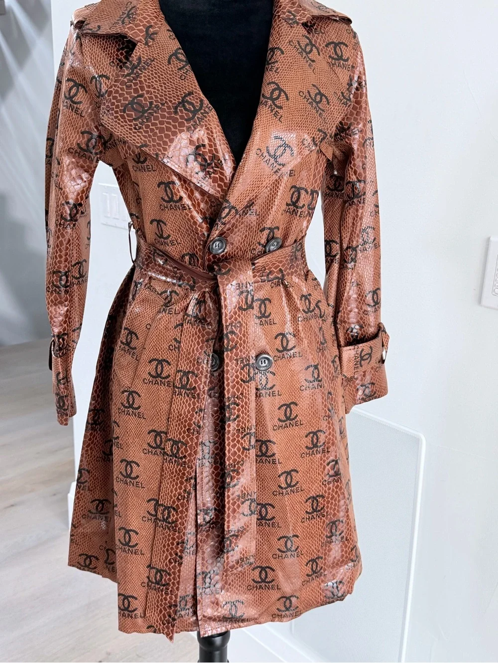 Gorgeous Faux Leather Brown Logo-Print Trench Coat size S